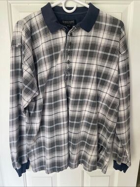 Structure Men's Black and White Plaid Long-Sleeve Polo
